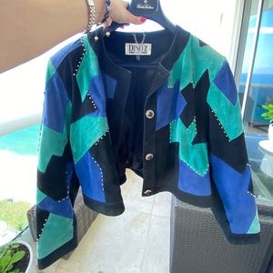 Vintage 1980s Cropped Colorblock Studded Leather Jacket